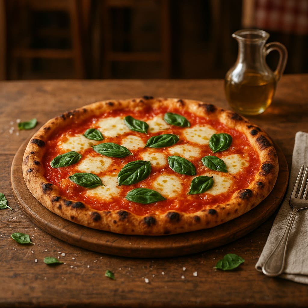 Frische Pizza auf Holztisch